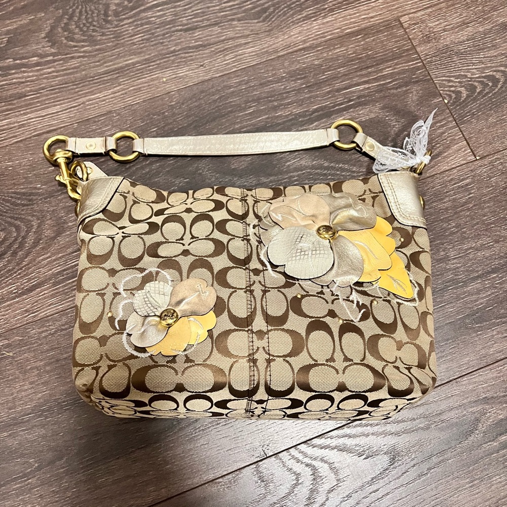 Coach Tan and Gold Floral Shoulder Bag